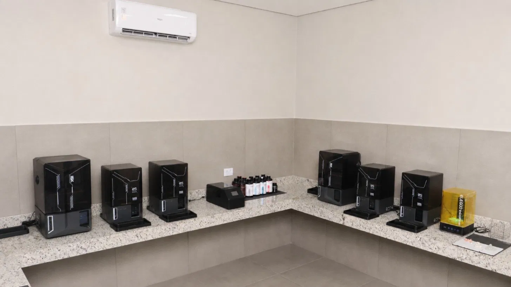 Sala de impressoras 3D do laboratório Odonto Prótese